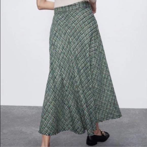 Zara Tweed Weave Textured High Waist A-Line Midi Skirt Green Sz S - Picture 4 of 12